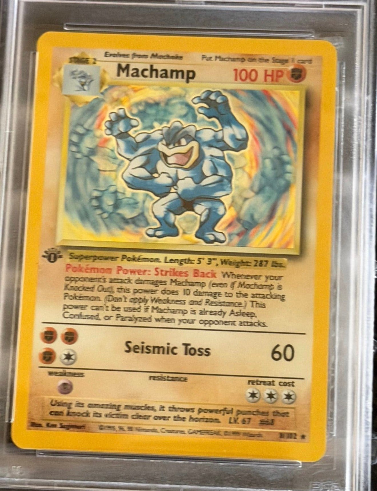 PSA 6 Machamp Holo 1st Edition 8/102 Base Set 1999 Graded, Ophalen of Verzenden, Losse kaart