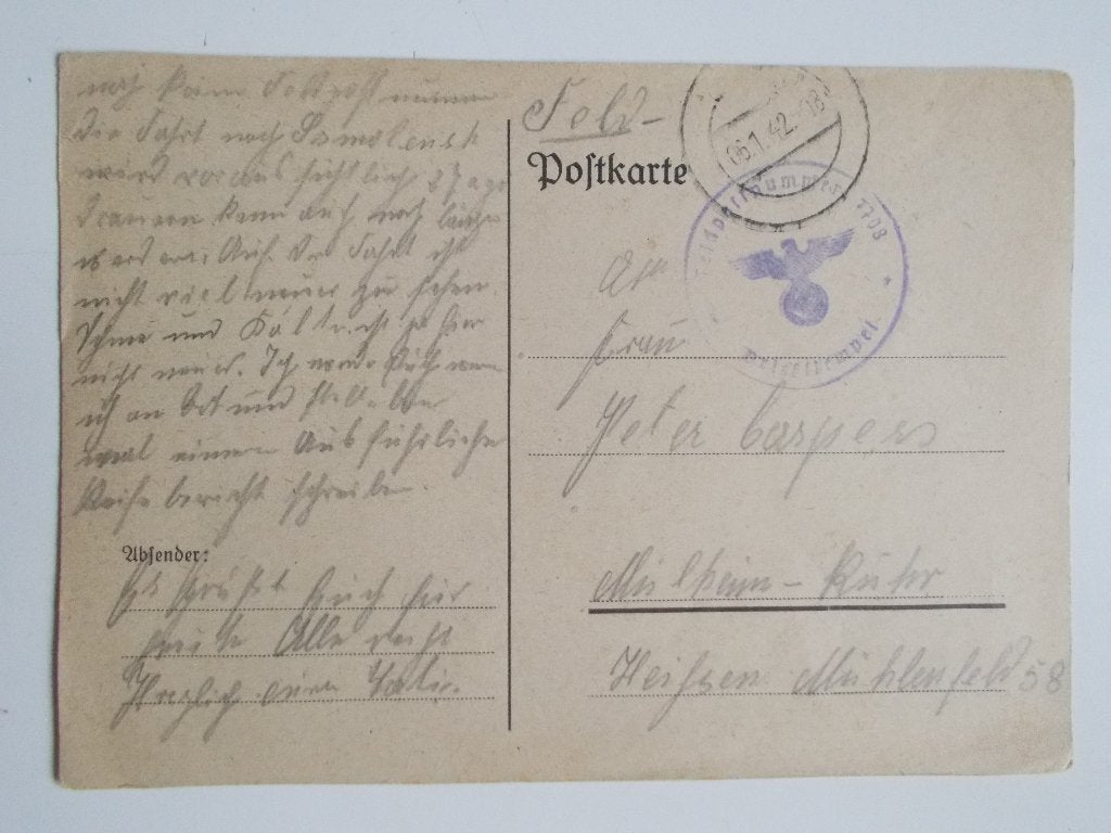 Duitse Rijk, Veldpostkaart Met Feldpostnummer 7708 1942., Ophalen, Briefkaart