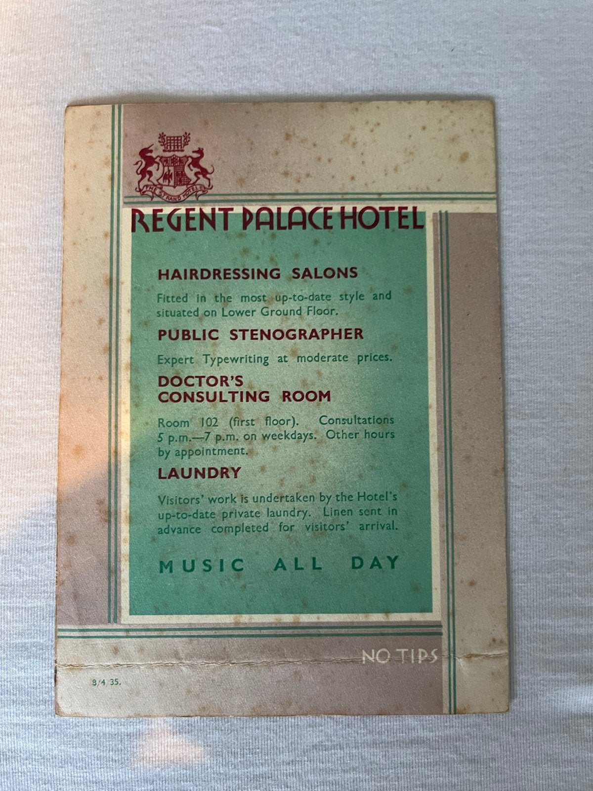Regent Palace Hotel Folder - Piccadilly Circus, Londen (1935, Ophalen of Verzenden, Gelezen, Folder