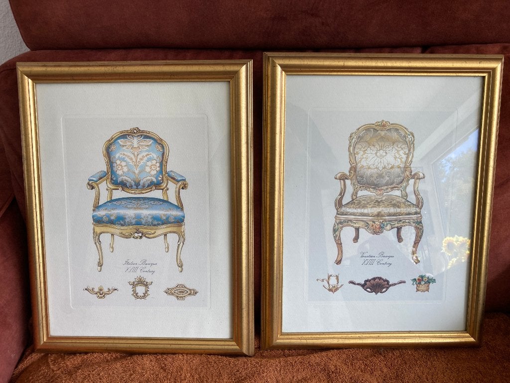Prenten klassiek stoelen barok 2x, Met passe-partout, Ophalen of Verzenden, Klassiek, Print