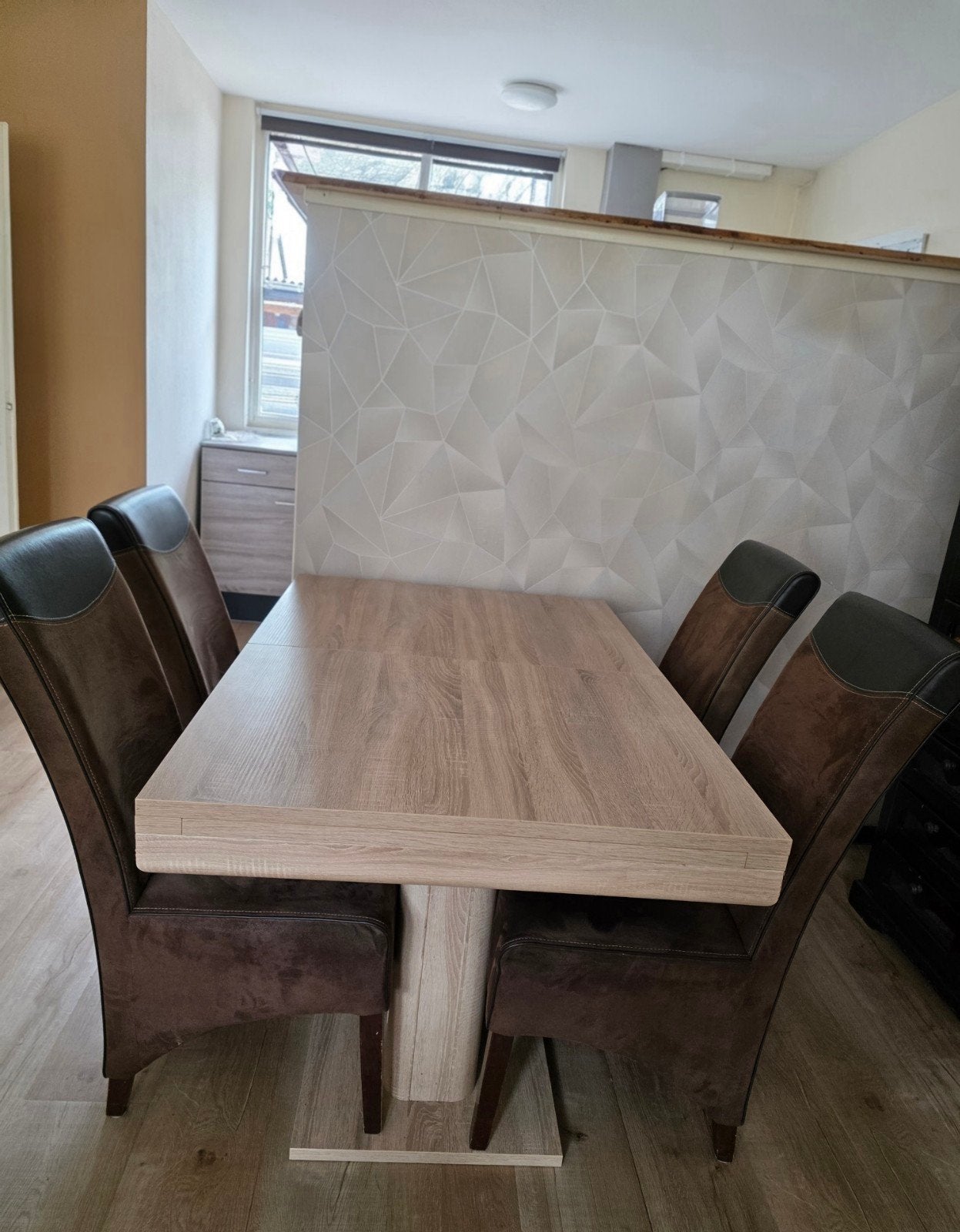 Uitschuifbare eettafel met stoelen, Huis en Inrichting, Tafels | Eettafels, Ophalen, Gebruikt, 200 cm of meer, 50 tot 100 cm