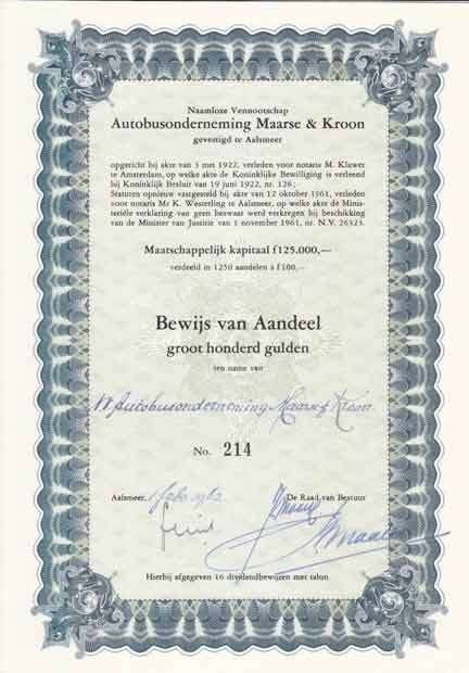 autobusonderneming Maarse en Kroon, Aalsmeer, Postzegels en Munten, Ophalen of Verzenden, 1950 tot 1970, Aandeel