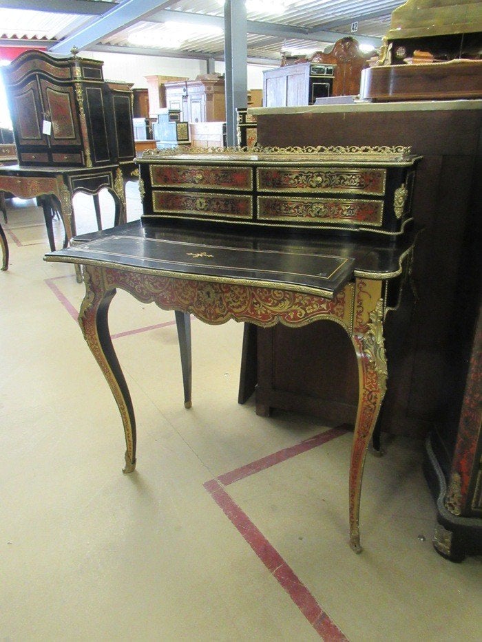 Oer 08890 antiek rode boulle dames bureau met 5 laden, Ophalen