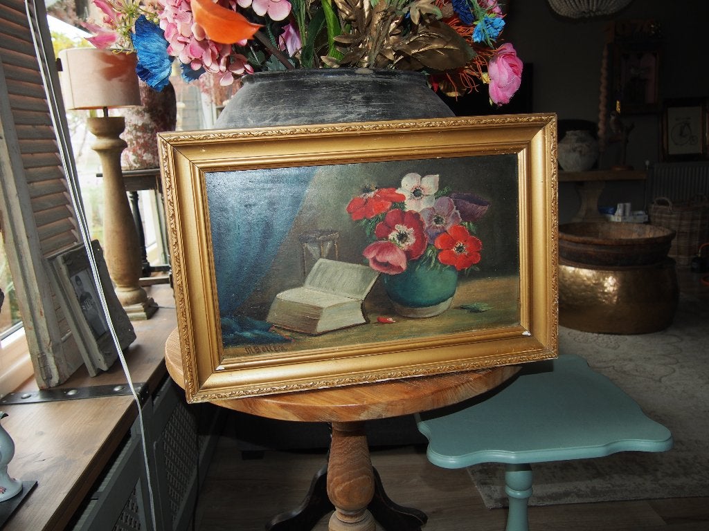 Oud schilderij: Vaas met bloemen - 49x33 cm, Bloemen, Doek, Olieverf, Klassiek