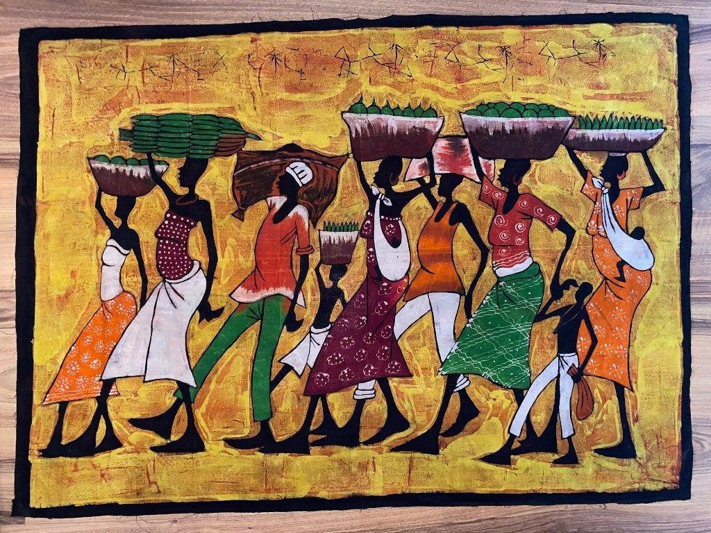Prachtig groot handgemaakt Afrikaans batik doek / schilderij, Wanddecoratie, Textiel, Afrika, 100 cm
