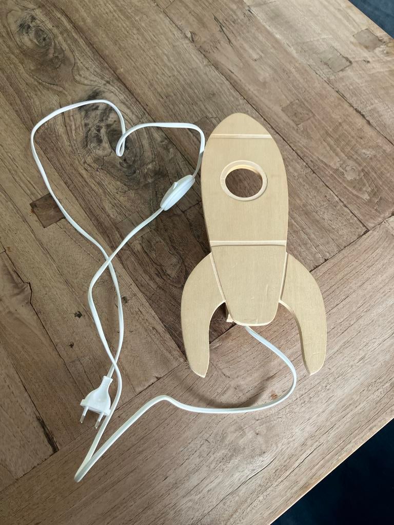 Houten raket wandlamp - 37 cm hoog, 17 cm breed, Hout, Gebruikt, Beige, Ophalen of Verzenden