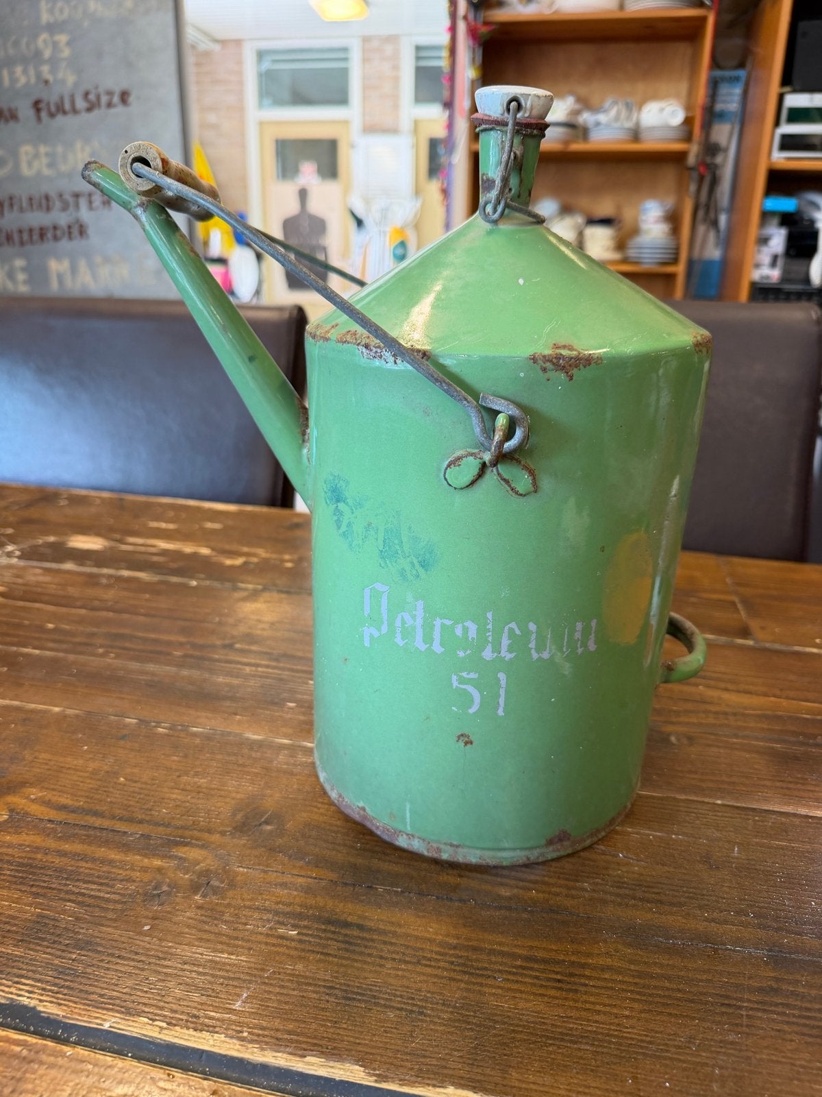 Vintage Petroleum Kan 5 Liter - Groen Emaille, Antiek en Kunst, Ophalen of Verzenden