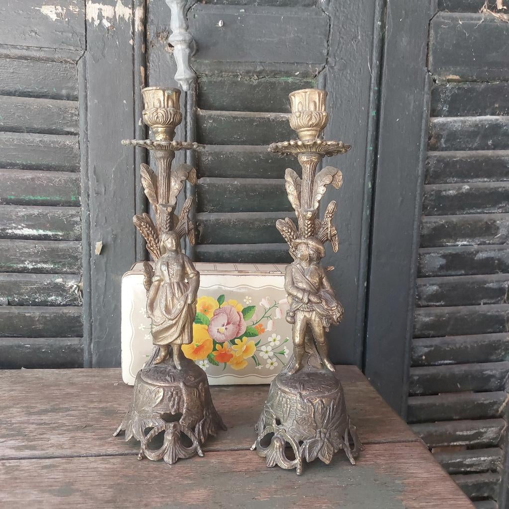Set van 2 prachtige Franse brocante oogstkandelaars, Ophalen of Verzenden, Koper of Brons