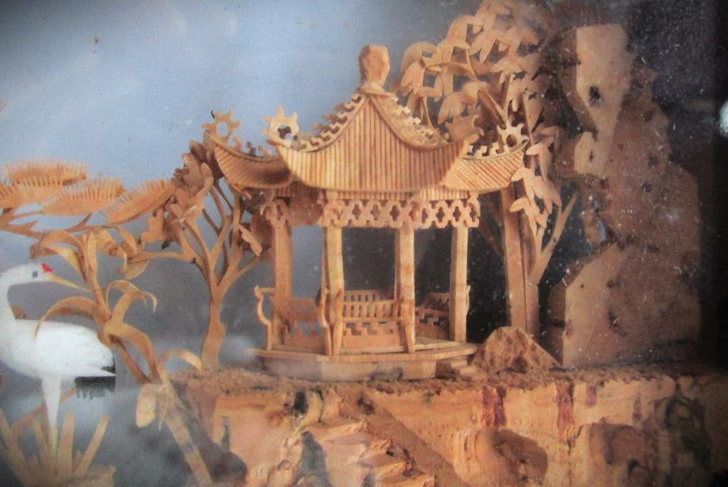 Kurk Diorama~witte kraanvogels~China~Taoisme~Kurkwerk, Antiek en Kunst, Kunst | Niet-Westerse kunst, Ophalen of Verzenden