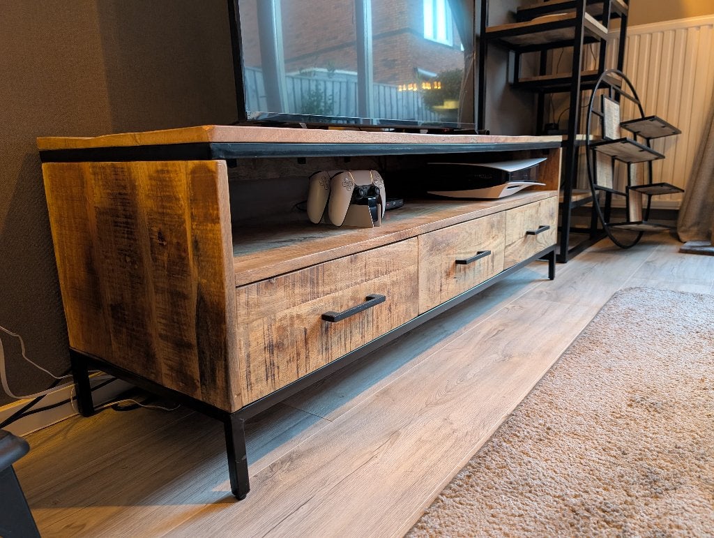 TV-meubel Trevor - mangohout - 50x148x45 cm, Gebruikt, 100 tot 150 cm, Minder dan 100 cm, Industrieel