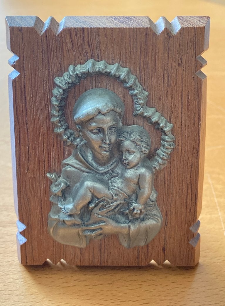 Houten beeldje met religieuze afbeelding, Ophalen of Verzenden