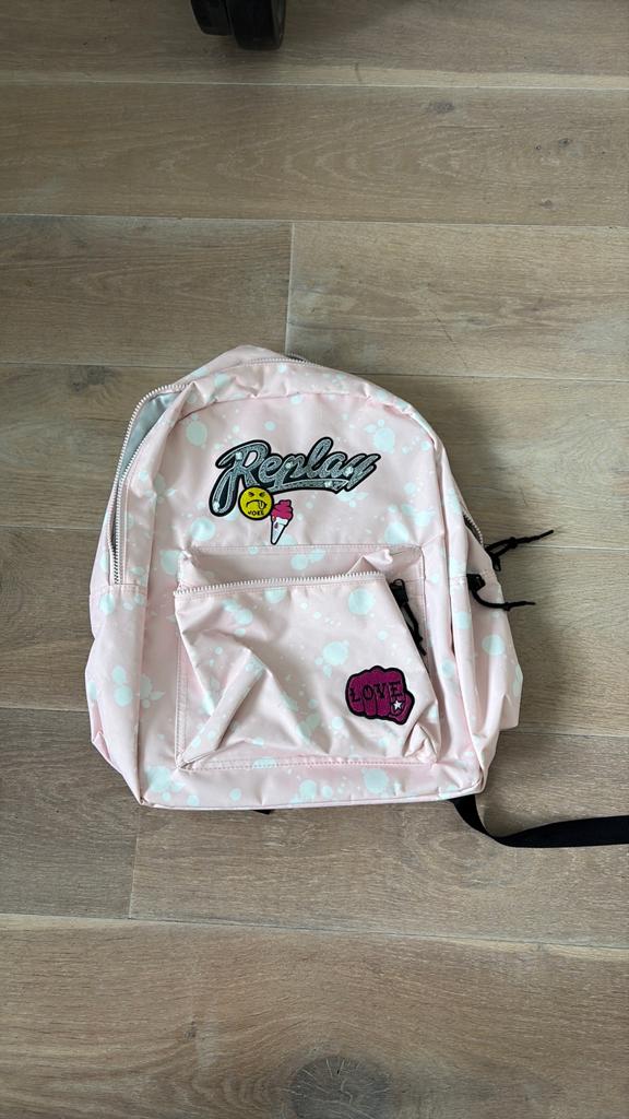 Roze Replay rugzak met vrolijke patches, Gebruikt, 25 tot 40 cm, 30 tot 45 cm, Ophalen