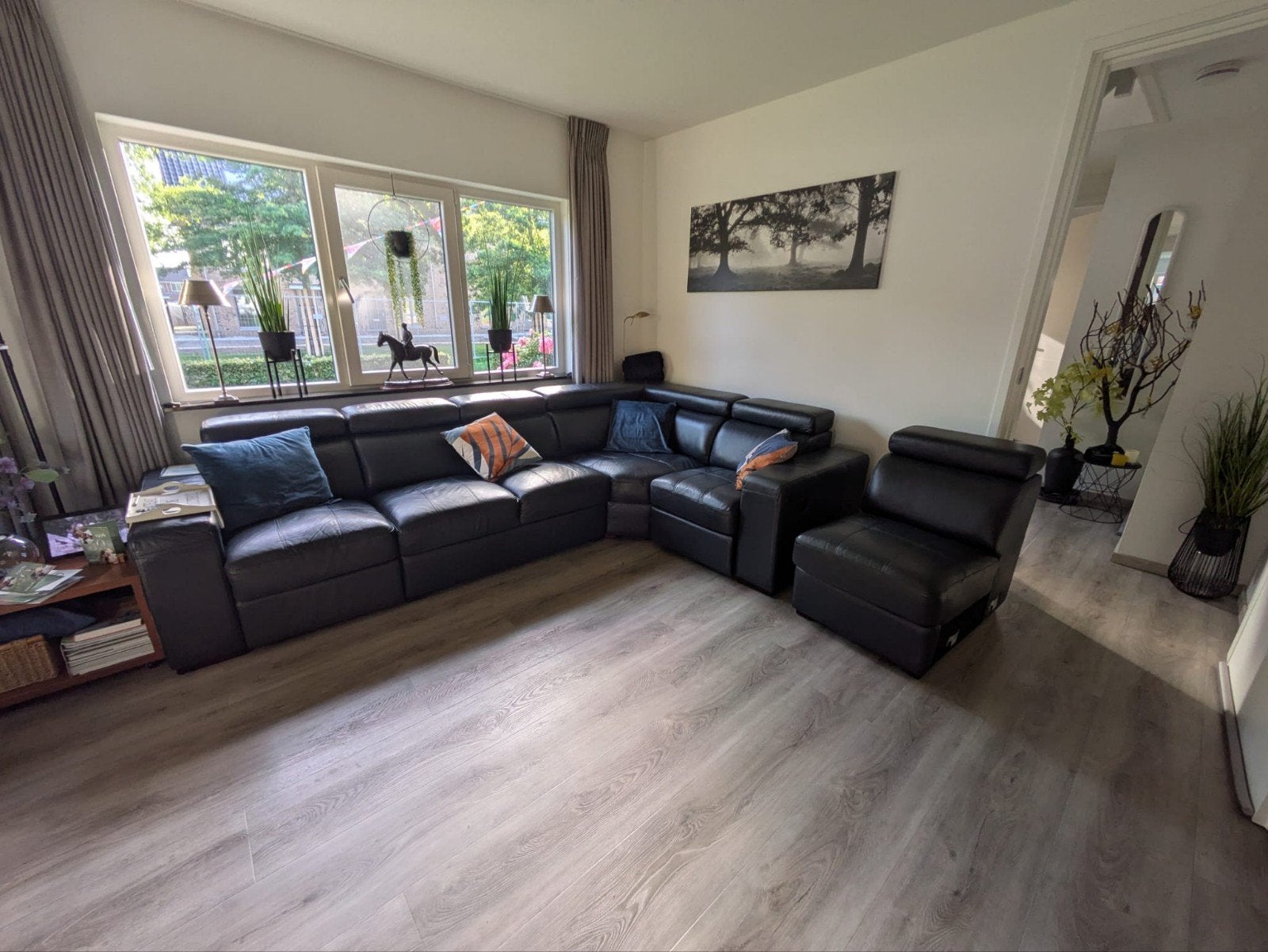 Mooie blauwe leren hoekbank te koop, Huis en Inrichting, Banken | Bankstellen, Ophalen, Gebruikt, 100 tot 125 cm, Hoekbank