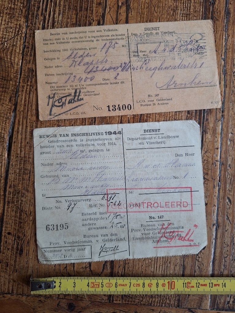 2 "Volkstuin vergunningen" 1942 en 1944, Ophalen of Verzenden, Gebruikt