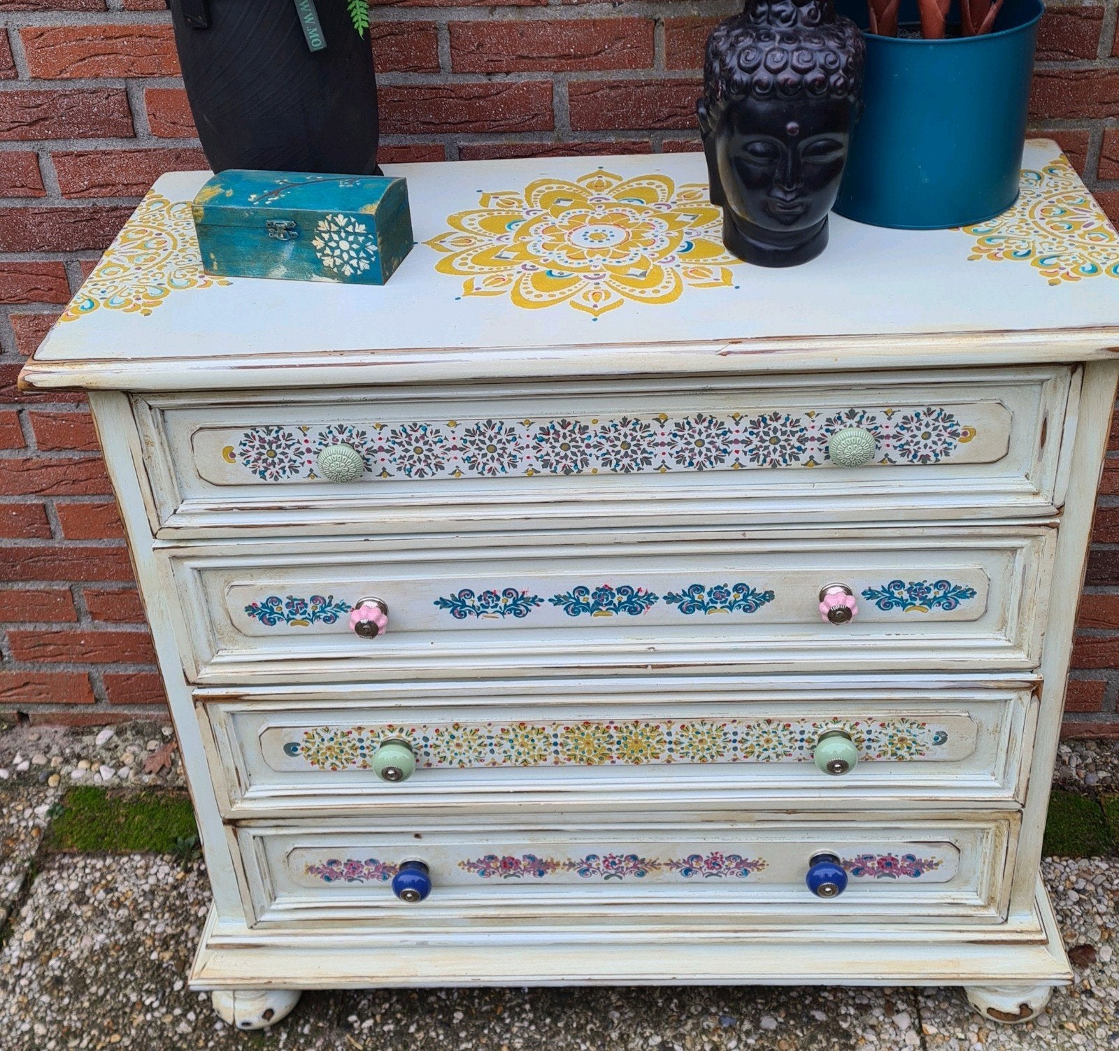 Boho brocante ladenkast dressoir handbeschilderd Ibiza, Ophalen, 50 tot 100 cm, Zo goed als nieuw, 3 of 4 laden