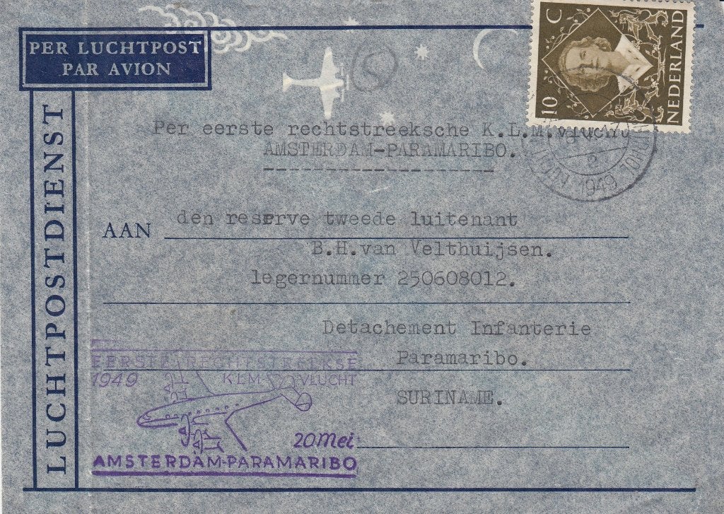 Envelop- Nederland- 1949- 1e Vlucht A'dam- Paramaribo, Postzegels en Munten, Brieven en Enveloppen | Nederland, Verzenden, Envelop