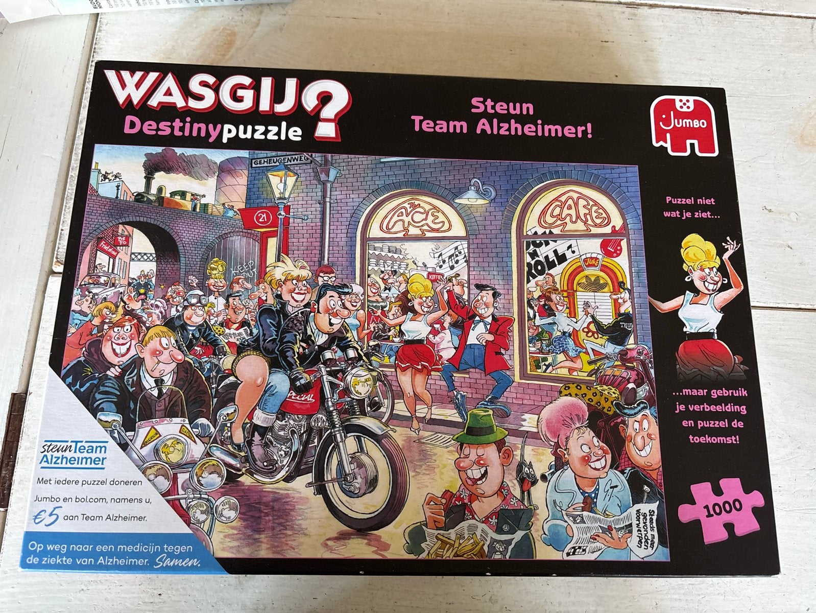 WASGIJ? Destiny Puzzel - Steun Team Alzheimer! 1000 stukjes, Ophalen of Verzenden, 500 t/m 1500 stukjes, Gebruikt, Legpuzzel