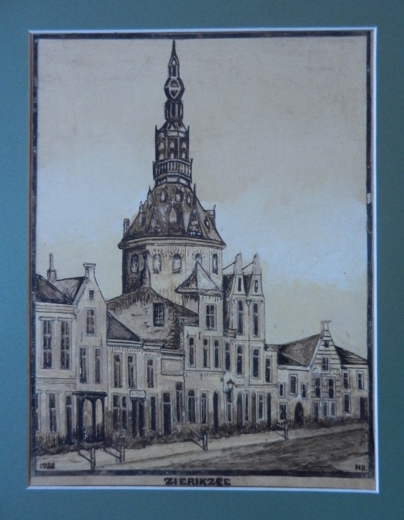 Tekening Stadhuistoren te Zierikzee 1928 gesign HB 34.5x26,4, Ophalen of Verzenden, Tekening, Aquarel, Handgemaakt