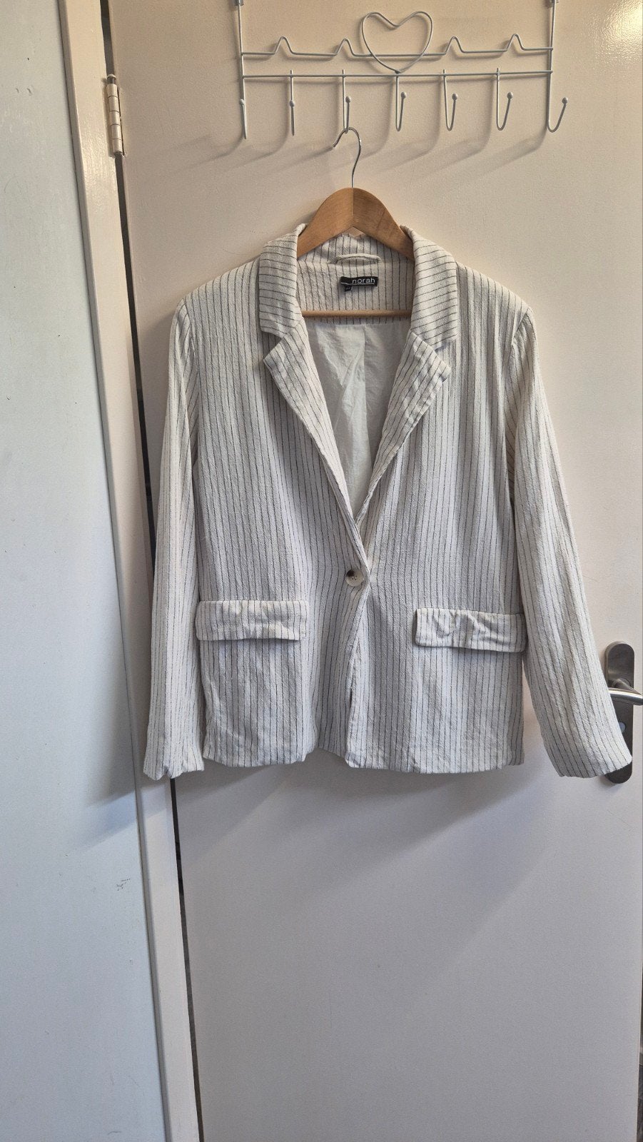 Linnen/katoen blazer creme zwart streepje Norah maat 42/44, Kleding | Dames, Ophalen of Verzenden, Zo goed als nieuw, Maat 42/44 (L)