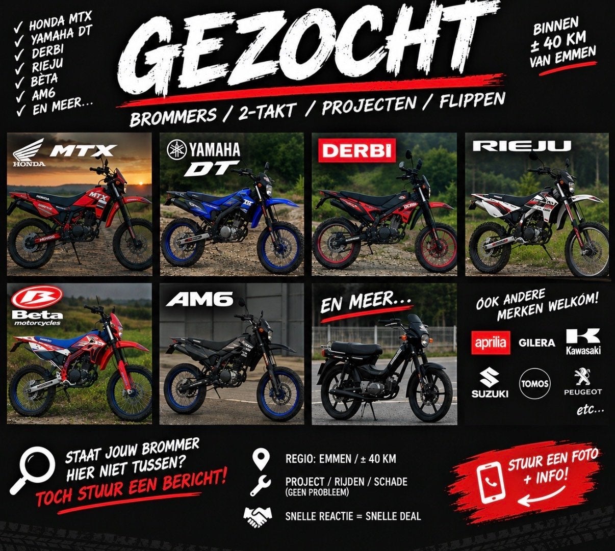 Gezocht: Schakelbrommer (Honda MTX, Yamaha DT, Derbi, Rieju), Ophalen of Verzenden, Gebruikt, Maximaal 45 km/u