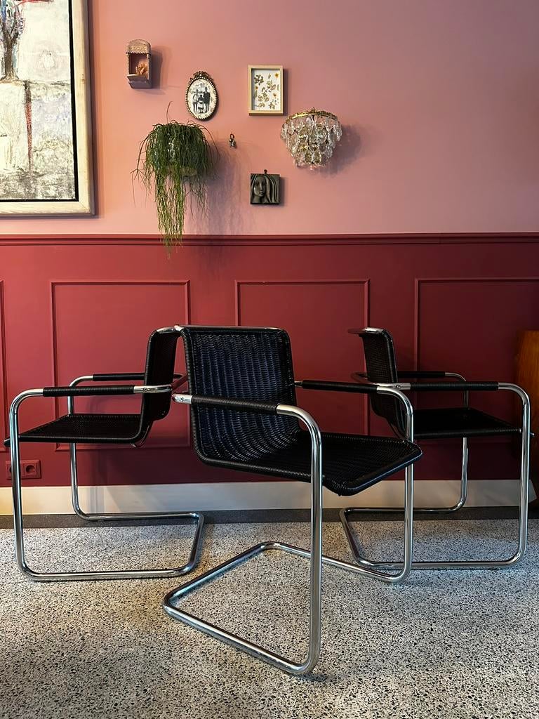 Vintage eetkamerstoelen sledestoelen Freischwinger 3 stuks, Ophalen, Gebruikt, Drie, Zwart