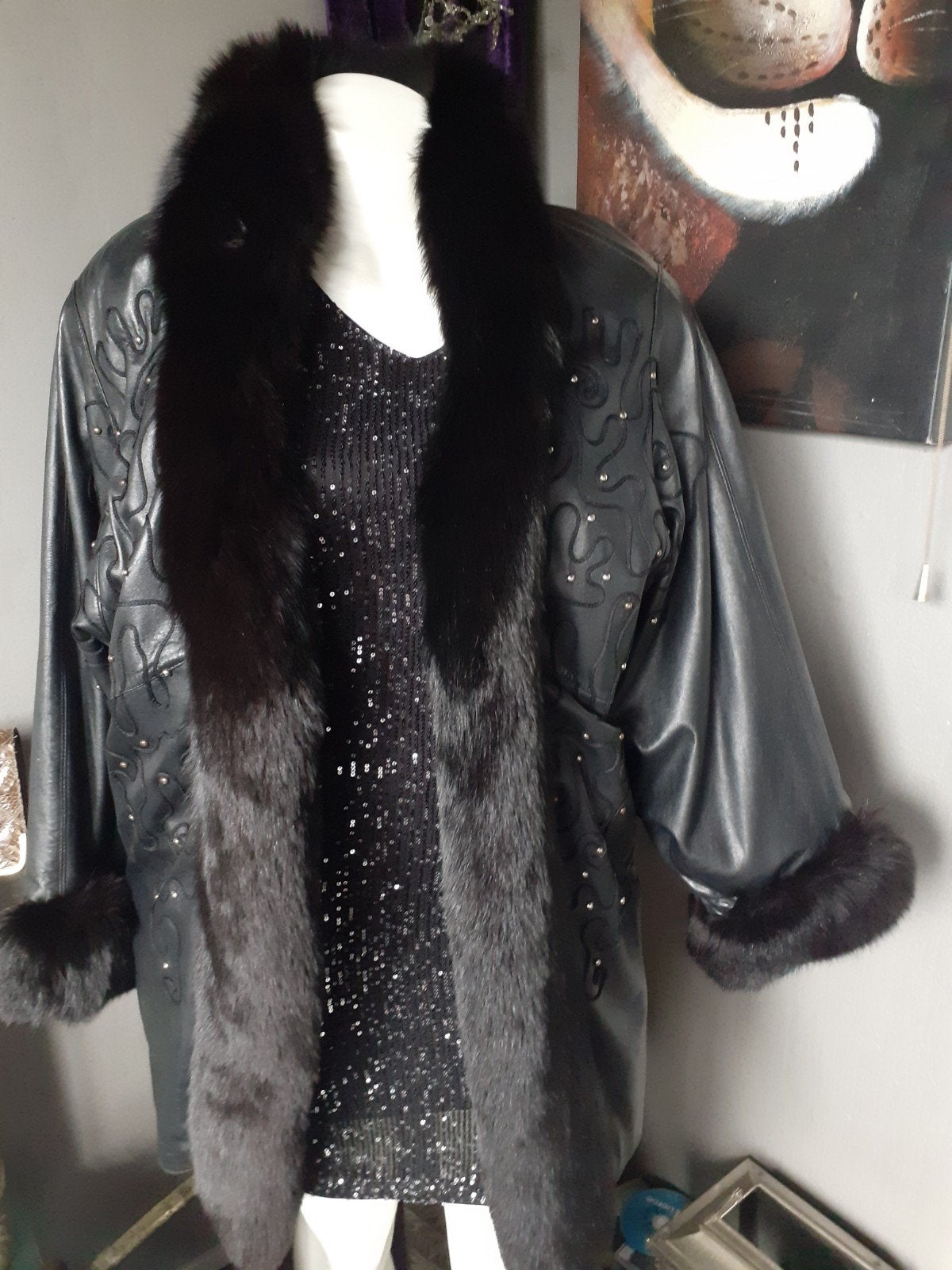 kalfslederen jas+echte zwarte fox+ voering  bontjas  XL, Ophalen of Verzenden, Zo goed als nieuw, Maat 46/48 (XL) of groter, Zwart