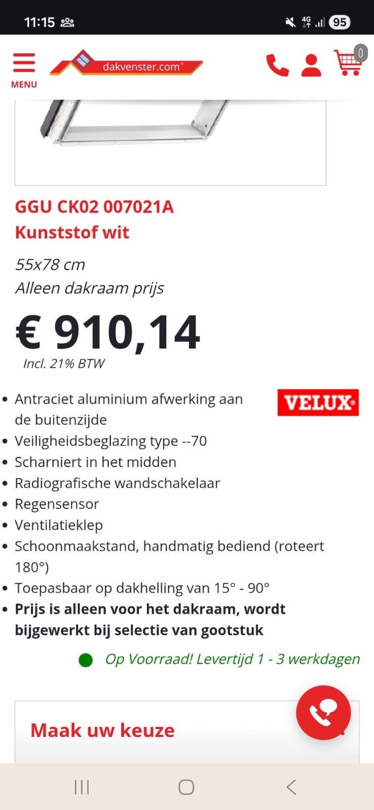 Elektrish dakraam van velux 55x78cm, Ophalen, Minder dan 80 cm, Minder dan 80 cm, Nieuw