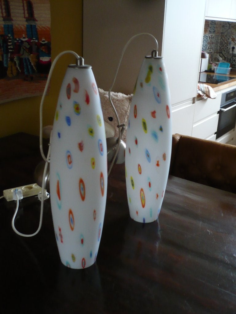 Mid Century Setje Hanglampen, Gebruikt, Mid century, Glas, E27 (groot)