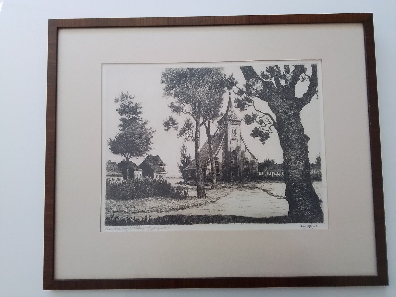 Ets Hasselse Kapel Tilburg - Cornelis M. van der Woerd, Ets, Ingelijst, Ophalen of Verzenden, Landschap