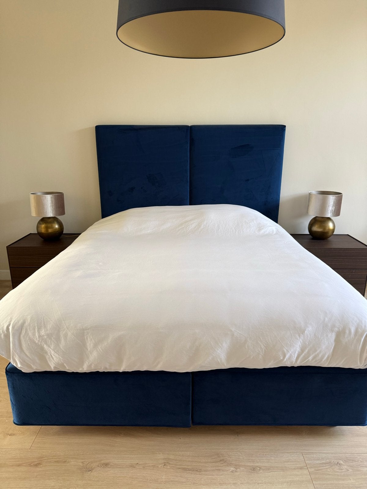 Vispring Tiara Superb boxspring 180x200 cm met hoofdbord, Blauw, Tweepersoons, Ophalen of Verzenden, Zo goed als nieuw