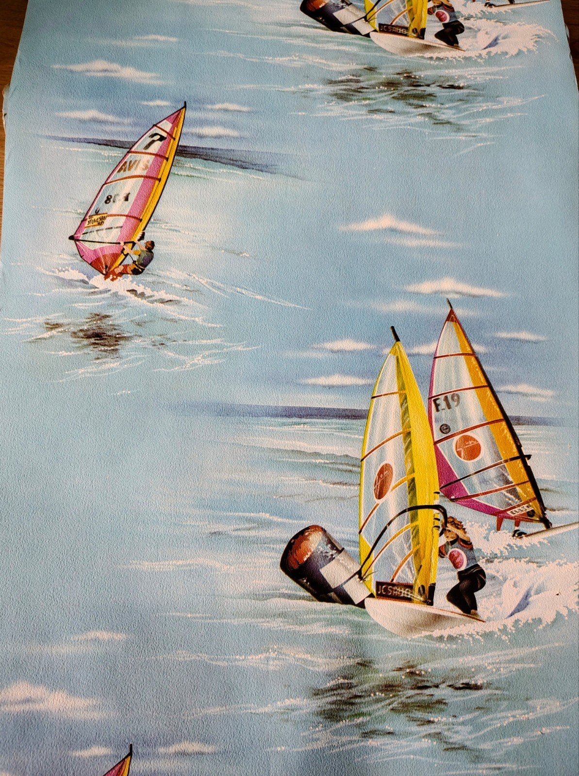 Vintage/ retro Euro Line behang met windsurfers, blauw. 5x, Overige patronen, Overige merken, Meerkleurig, Ophalen of Verzenden