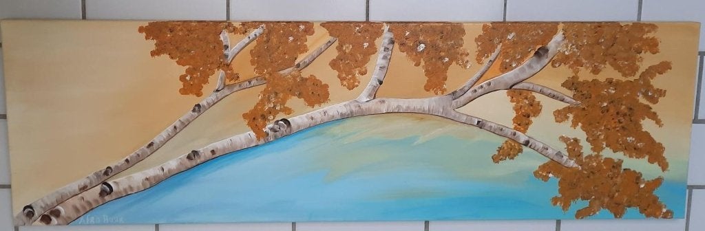 Nieuw handgeschilderd schilderij met berkenboom, Stilleven, Ophalen of Verzenden, Origineel werk, Acrylverf