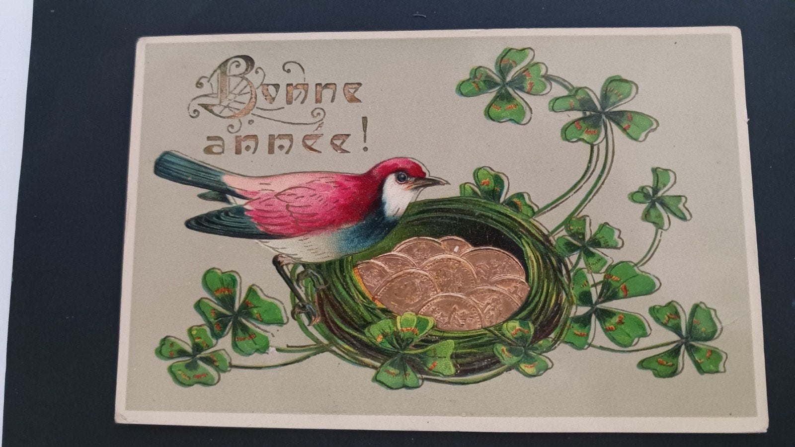 'Bonne Année' met vogel en klavertjes 1920, Verzamelen, Ophalen of Verzenden, 1920 tot 1940, Gelopen