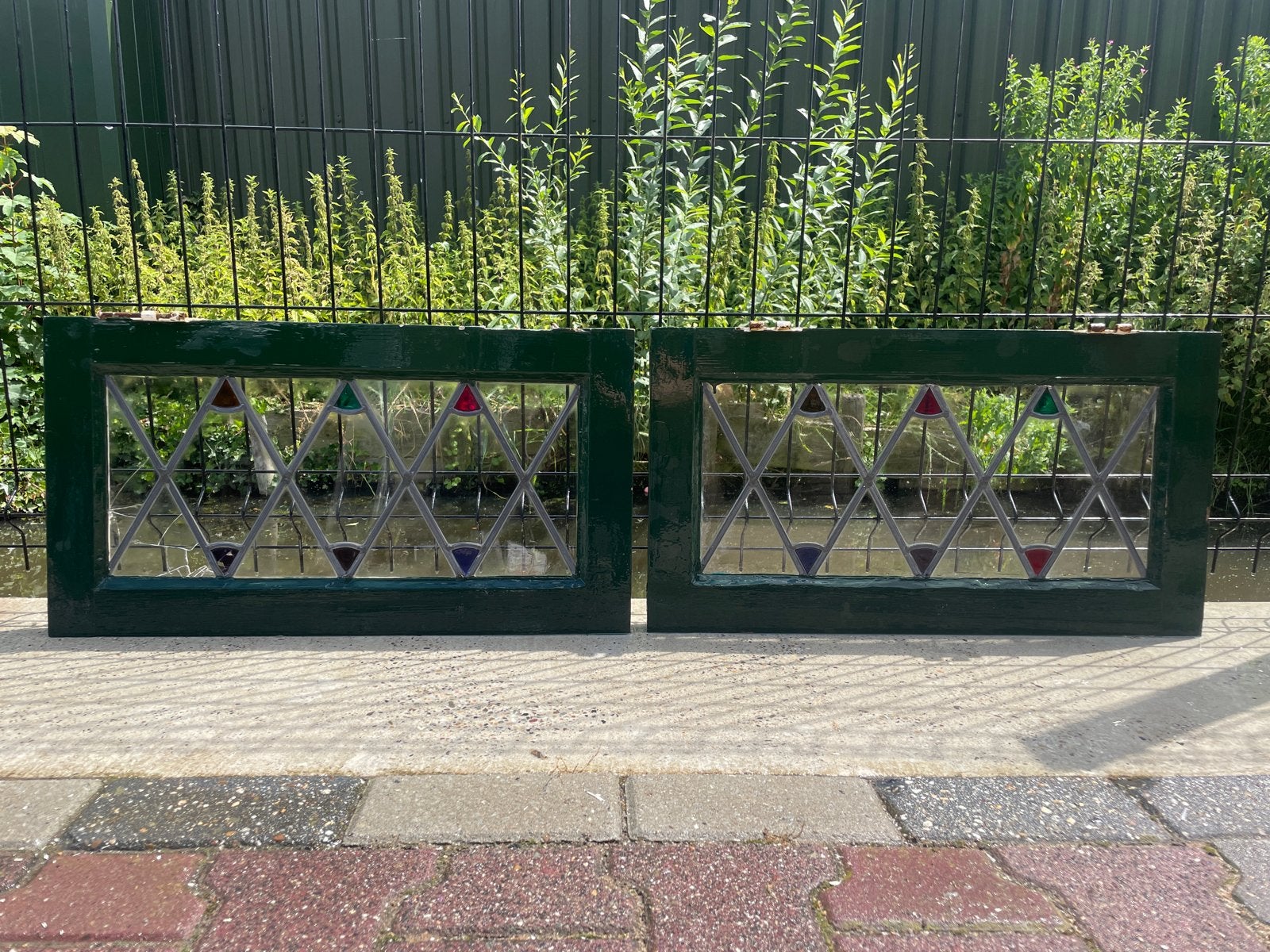 Glas in lood raampjes (2 stuks) - groen, Doe-het-zelf en Verbouw, Ophalen, Gevelraam of Ruit, Gebruikt, 80 tot 120 cm