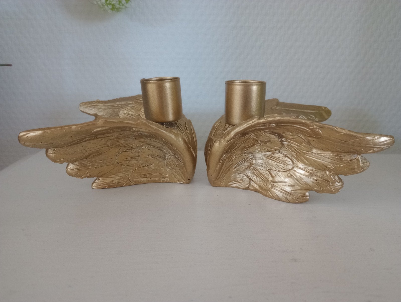 Gouden engelen vleugel kandelaars - Set van 2, Overige materialen, Gebruikt, Overige kleuren, Ophalen of Verzenden