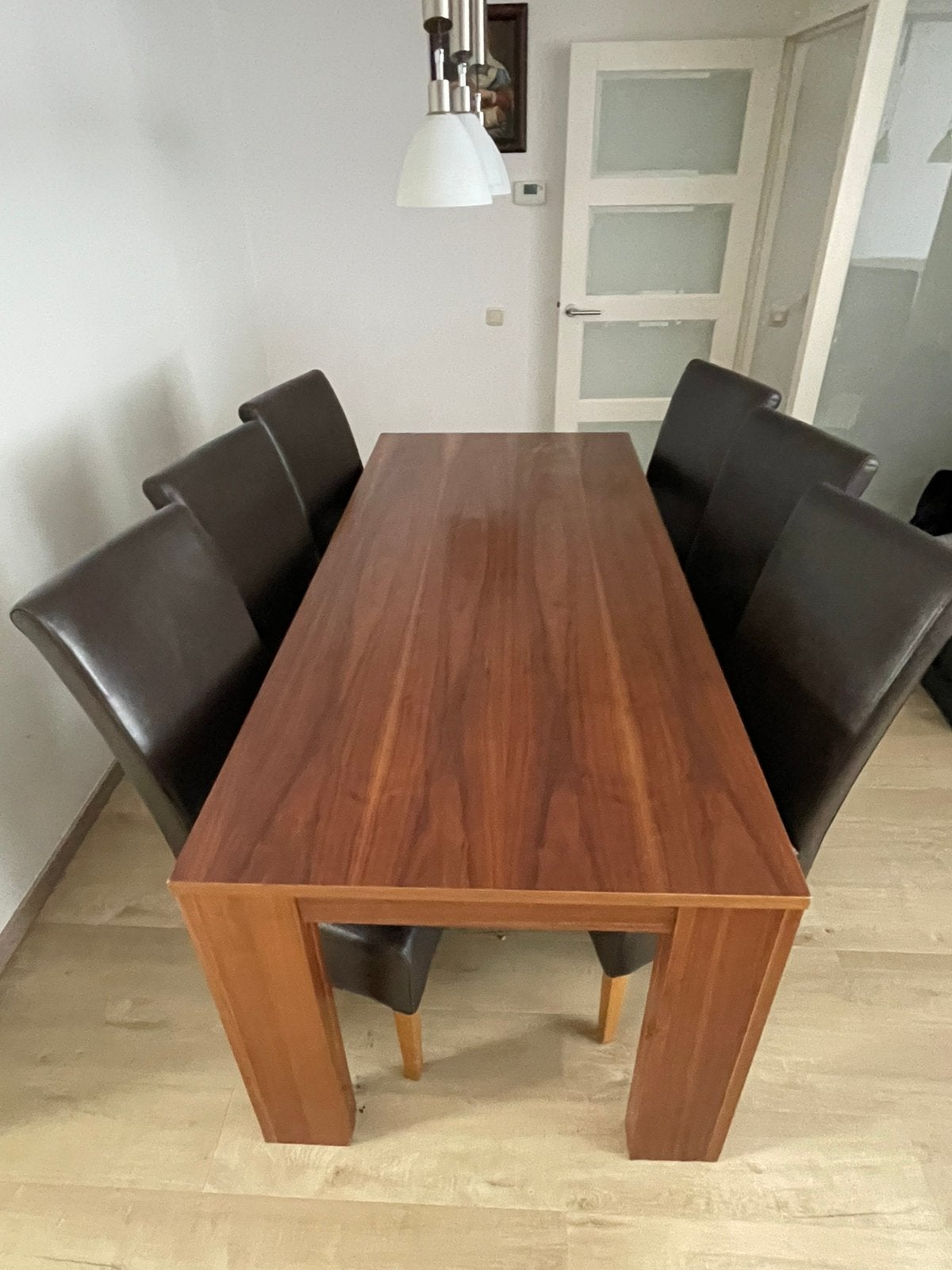 Eettafel met 6 leren stoelen 90x200, Huis en Inrichting, Stoelen, Ophalen, Gebruikt, Bruin, Leer