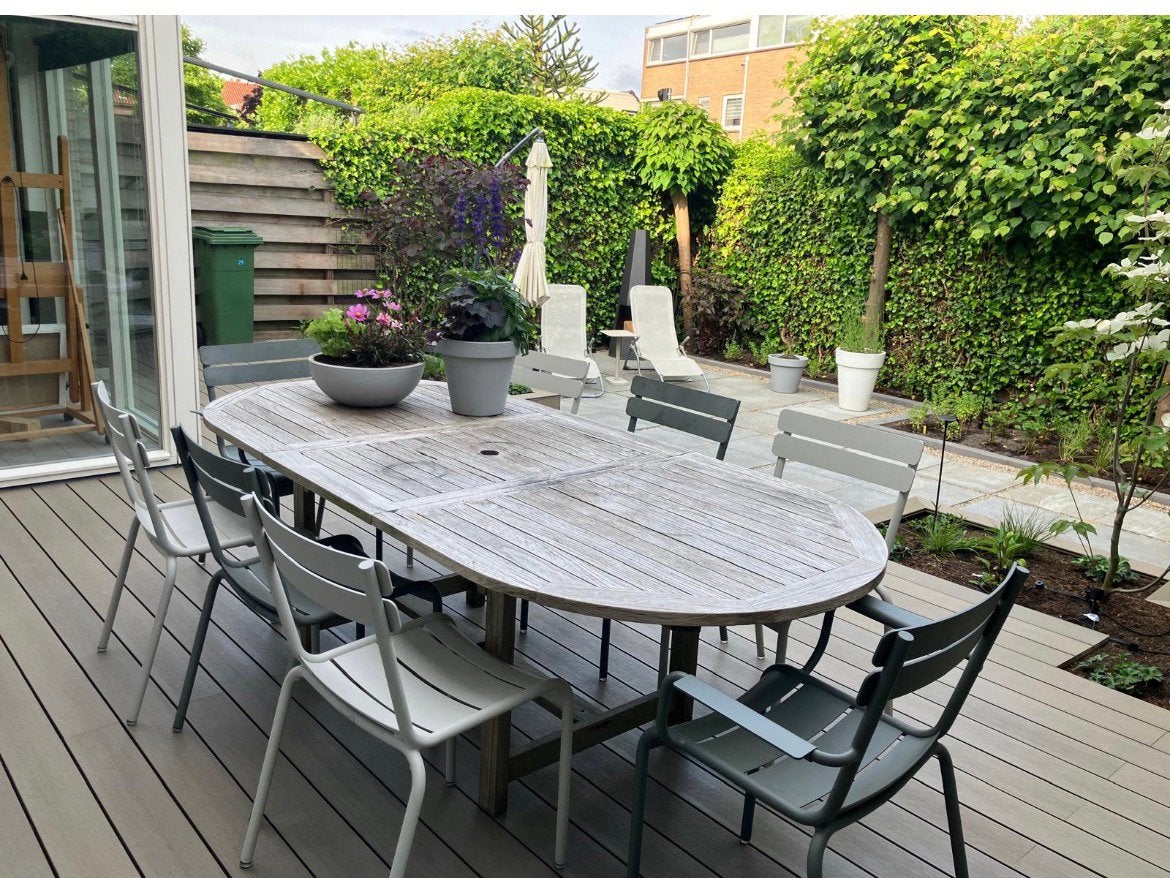 Teakhouten tafel 2.40 x 1.10 m met middenstuk, Ophalen, Gebruikt, Eettafel, Teakhout