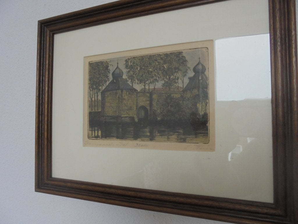 Breda spanjaardsgat mooi antiek etsje 1920/1930, Ets, Stadsgezicht, Ophalen of Verzenden, Met tekst