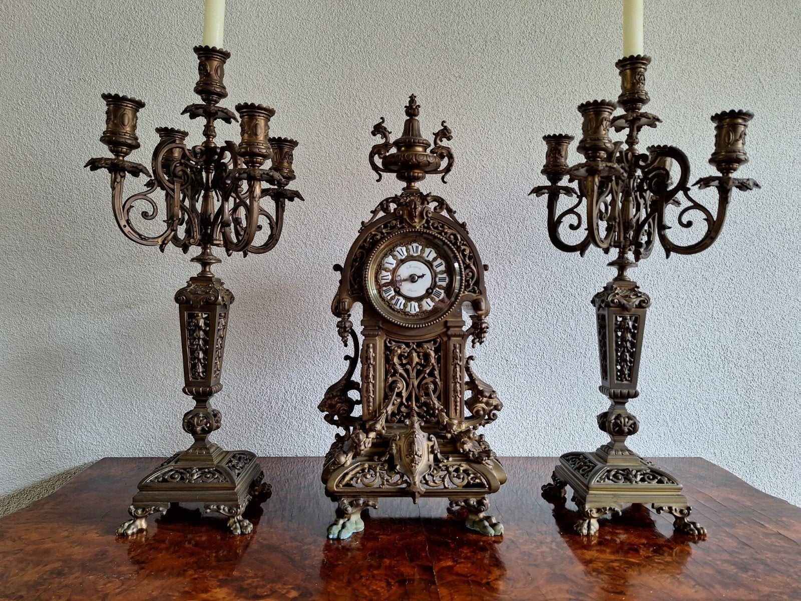 Antieke 3 delige bronzen kandelaar en klokkenset, Antiek en Kunst, Ophalen