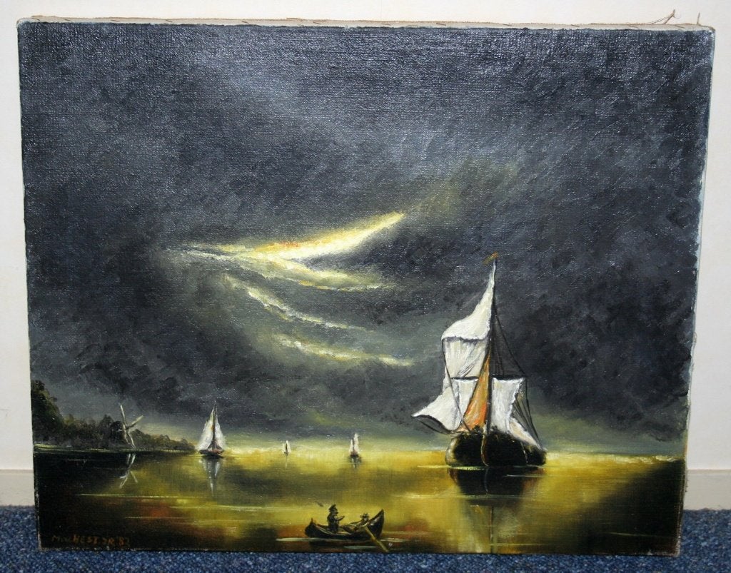 Schilderij zonder lijst, boten, Martijn van Hest, Antiek en Kunst, Ophalen