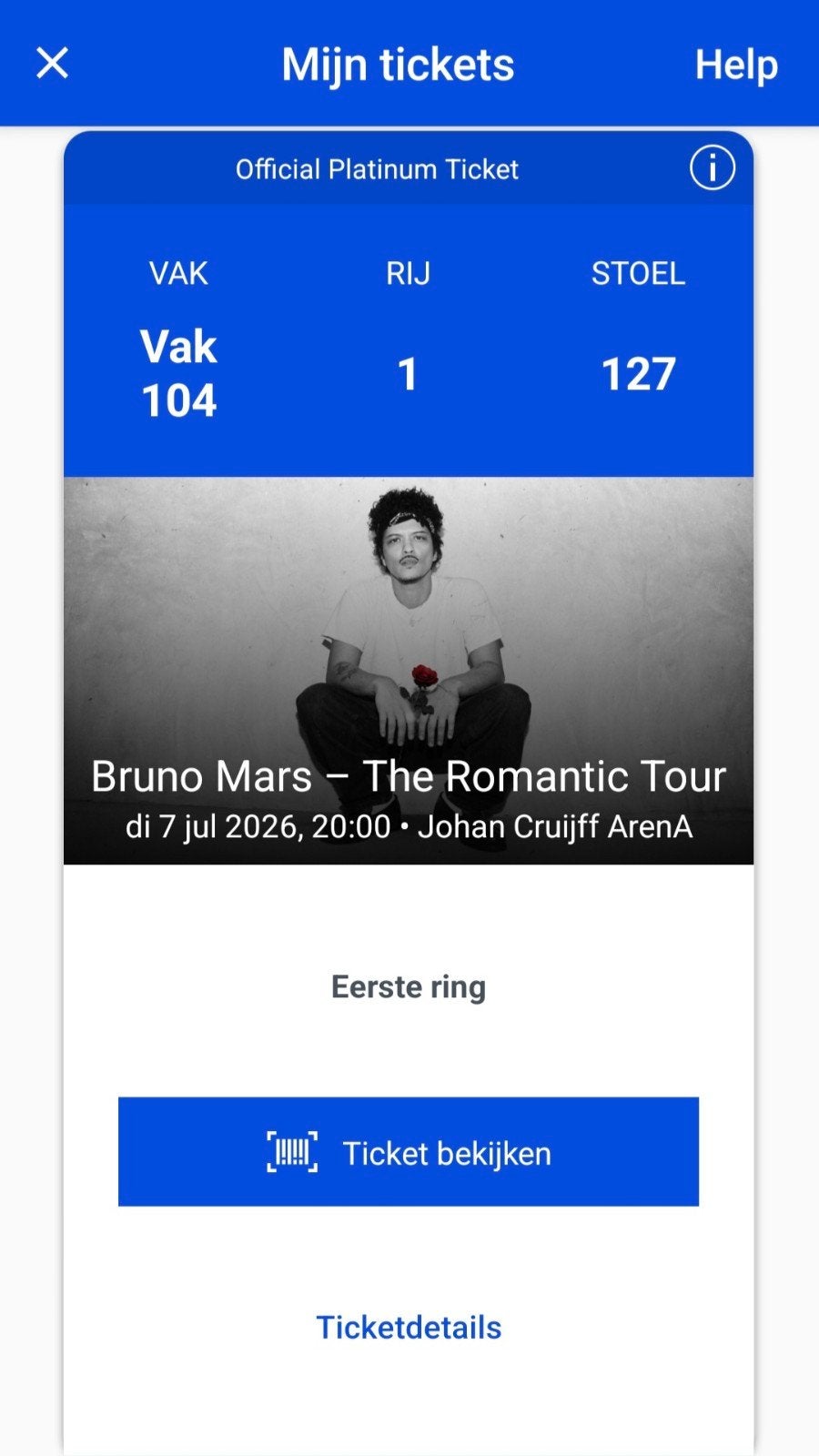 Bruno Mars dinsdag 7 juli - 1 ticket, Tickets en Kaartjes, Concerten | Pop, Eén persoon, Juli