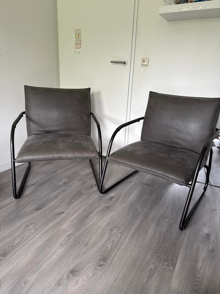 Set van 2 grijze stoelen met metalen frame, Huis en Inrichting, Stoelen, Ophalen, Gebruikt, Twee, Metaal
