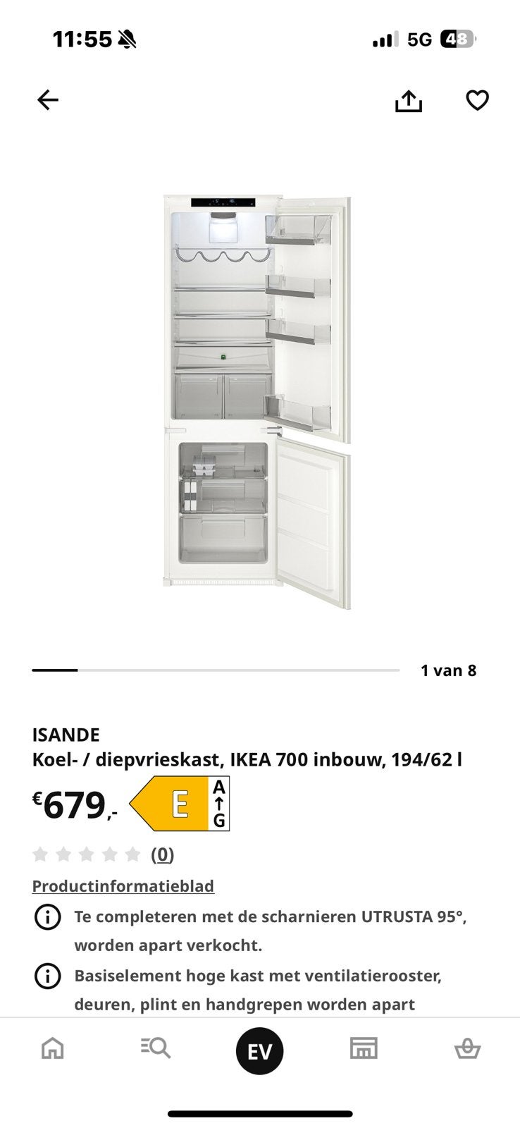 IKEA inbouw koelkast met metod kast zwart, Ophalen, Zonder vriesvak, 200 liter of meer, 160 cm of meer