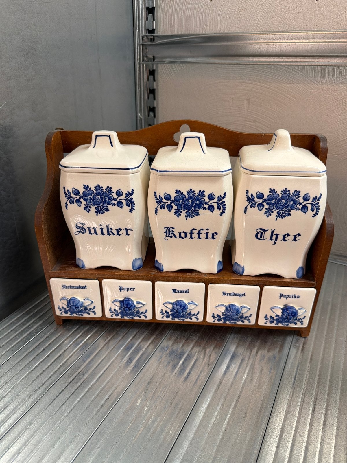 Vintage Delfts Blauw kruidenrek met potten, Antiek en Kunst, Ophalen of Verzenden
