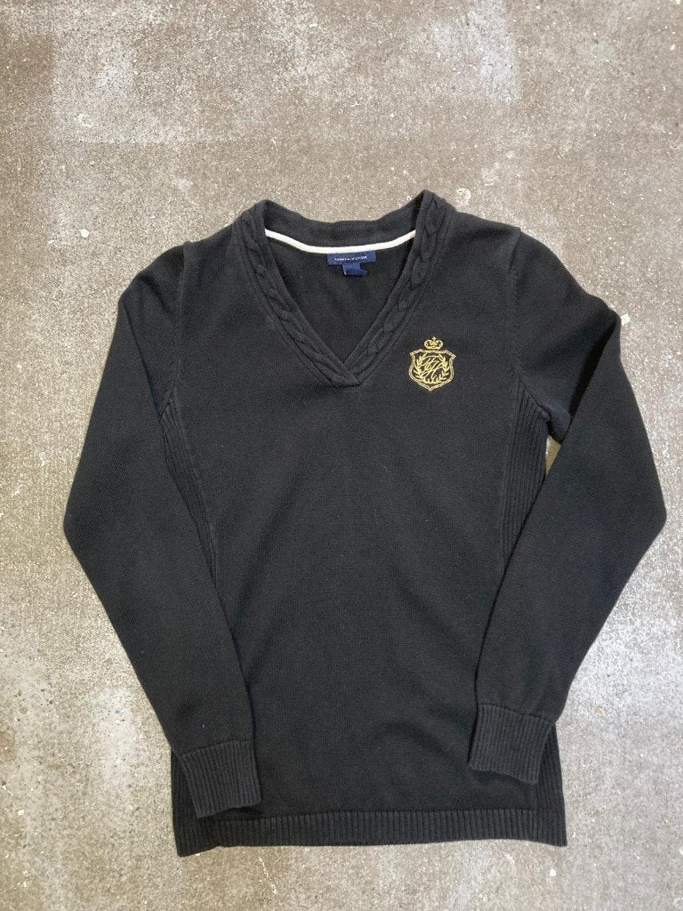 Y2k Tommy Hilfiger V-hals Sweater - M-Black Gold embroidery, Maat 38/40 (M), Zwart, Ophalen of Verzenden, Zo goed als nieuw