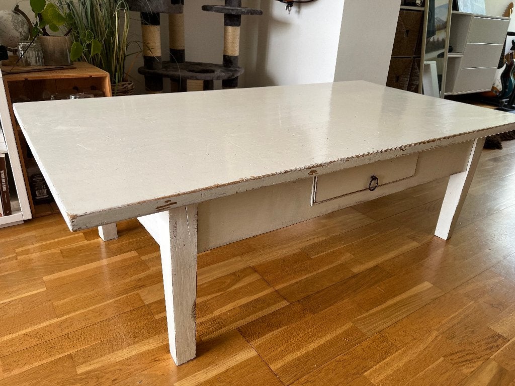 Witte houten salontafel met lade (145 cm) landelijk, Ophalen, Gebruikt, 100 tot 150 cm, Eikenhout