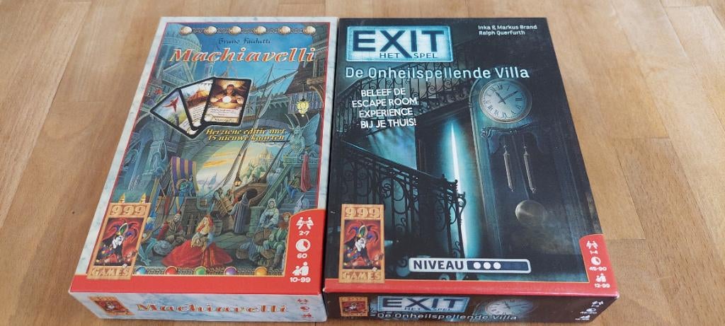 2 spellen van 999 games machiavelli en exit het spel ., Vijf spelers of meer, Ophalen of Verzenden, Zo goed als nieuw, 999 Games