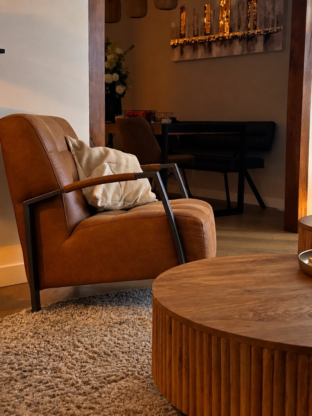 Comfortabele fauteuil - Cognac bruin, Huis en Inrichting, Ophalen, Minder dan 75 cm, Zo goed als nieuw, Metaal