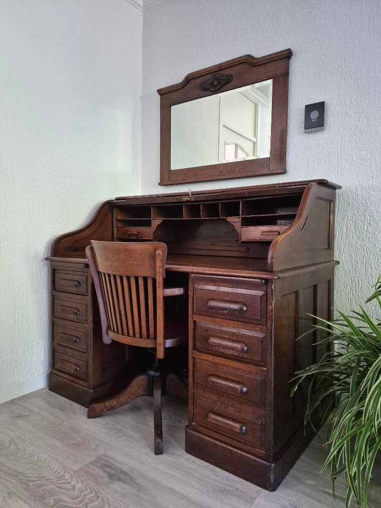 Antiek eiken bureau met spiegel., Antiek en Kunst, Antiek | Kantoor en Zakelijk, Ophalen
