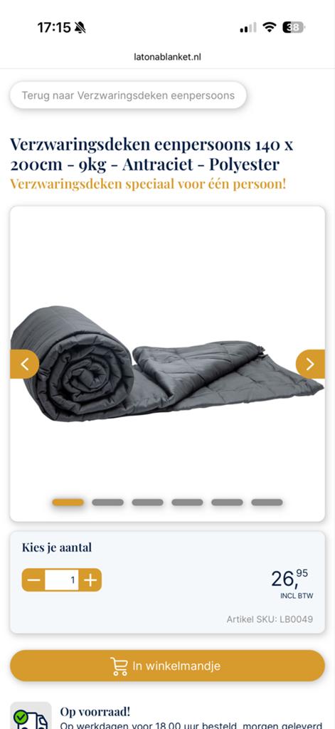Latona verzwaringsdeken 9 kg - nieuw, Ophalen, Eenpersoons, Grijs, Deken of Dekbed